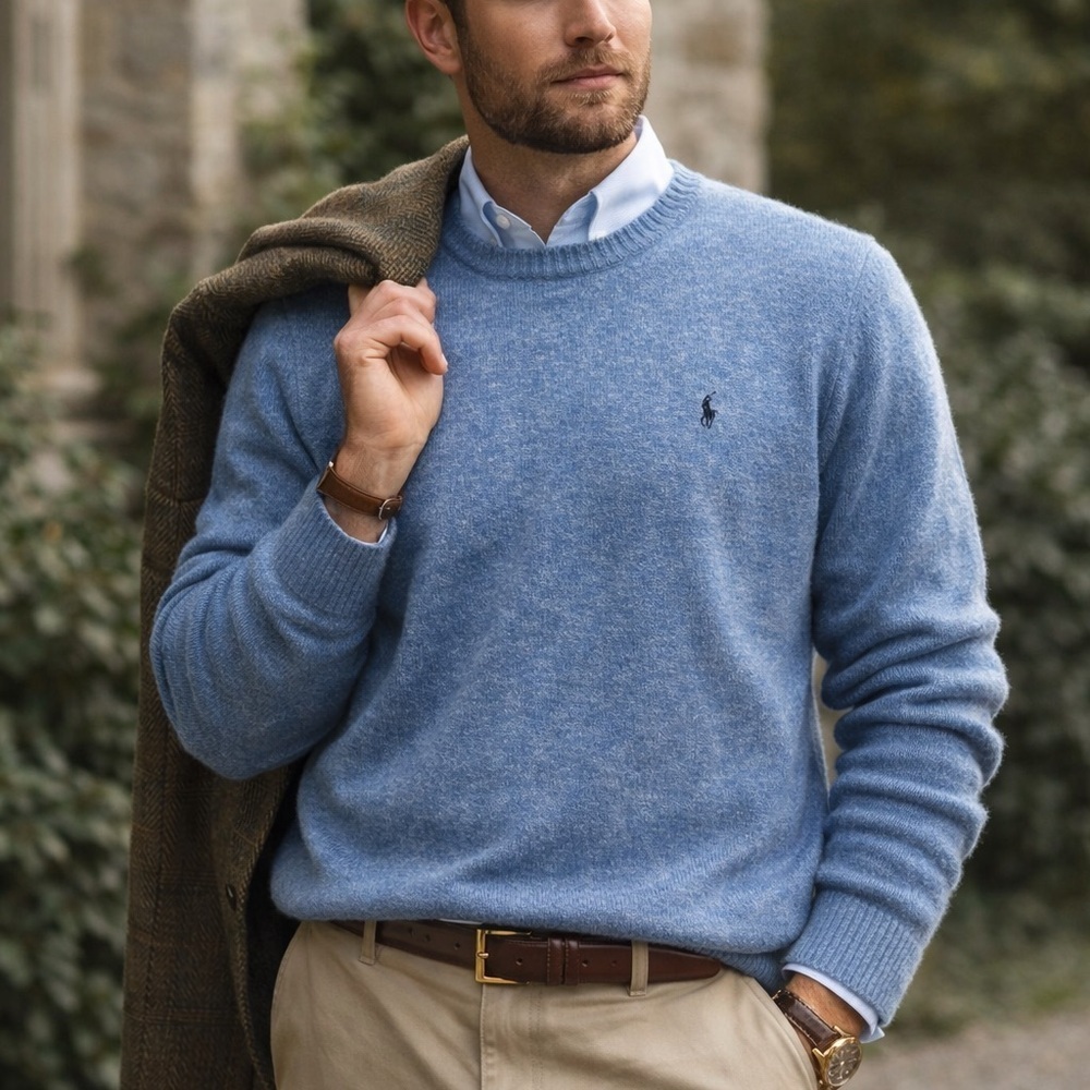 Polo Ralph Lauren Lambswool Sweater XXL Blue Crewneck Classic Pony Logo Men